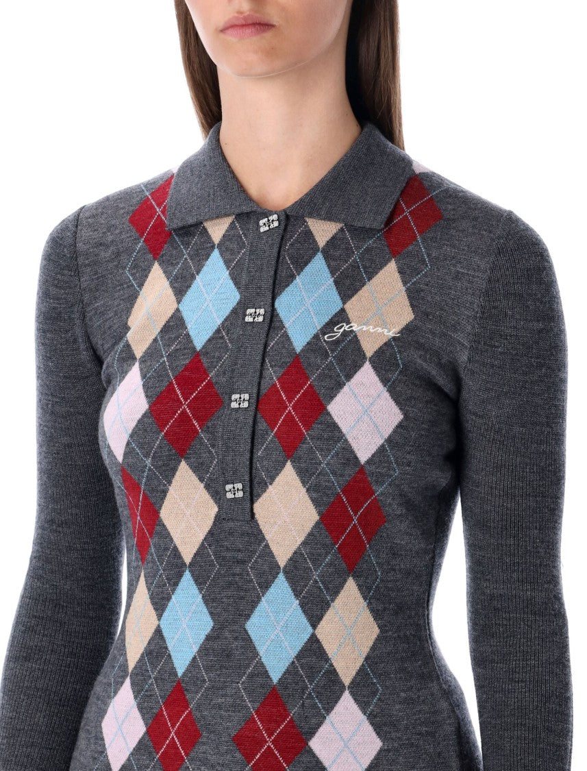 Ganni Grey Knitted Polo Wool With Argyle Pattern