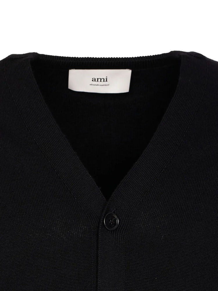 Ami Paris Black V-Neck Embroidered Emblem Wool Cardigan
