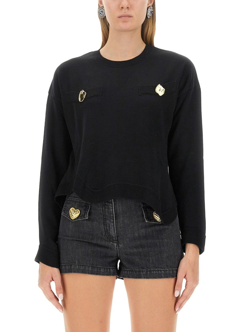 Moschino Cropped Black Wool Jersey Sweater
