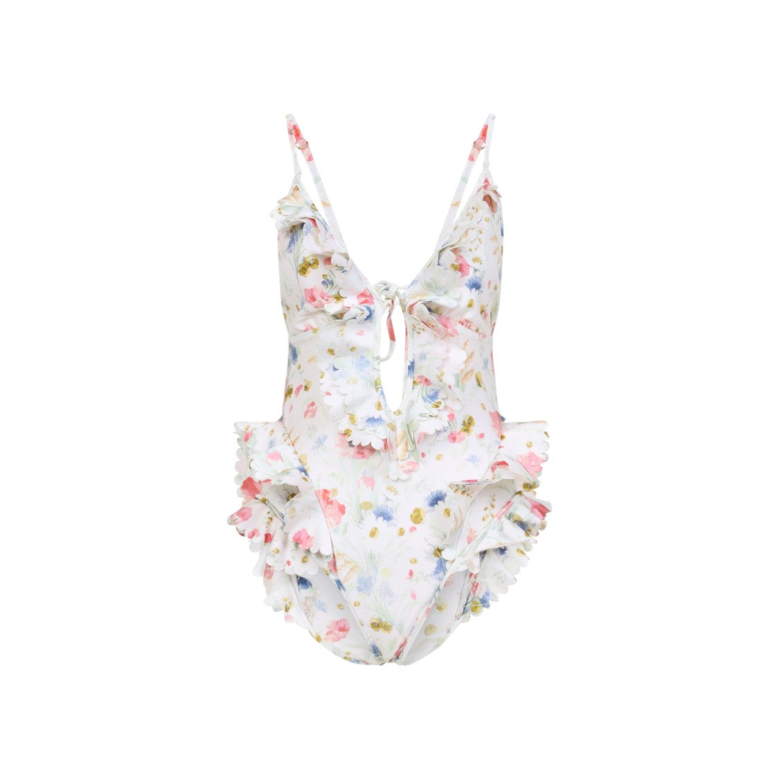 Zimmermann Multicolour Floral Swimsuit With Ruffled Edges And Adjustable Ties
