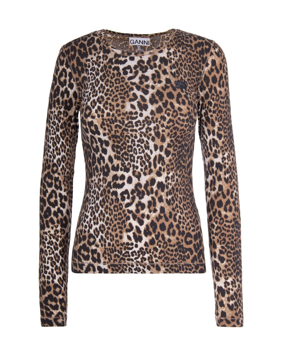 Ganni Rib Long Sleeve Leopard