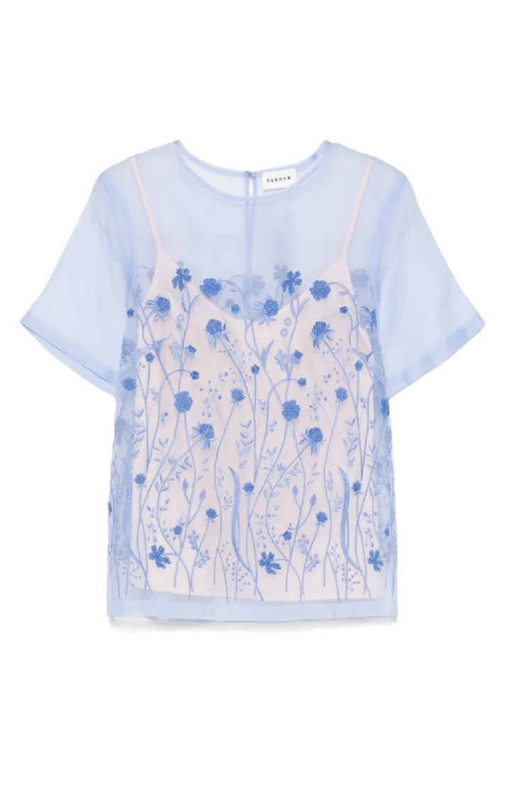 P.A.R.O.S.H. Sheer Floral Embroidered Overlay Blouse