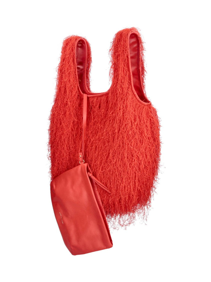 Dries Van Noten Red Shaggy Fringed Exterior Tote Bag