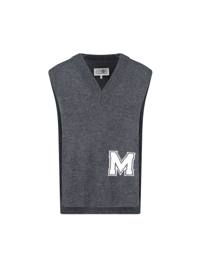 Mm6 By Maison Margiela V-Neck Knit Sweater In Grey Virgin Wool Blend