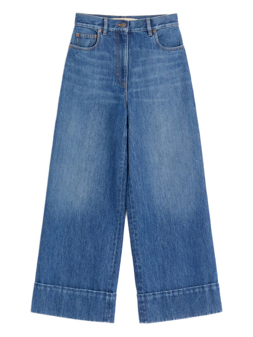 Valentino Medium Blue Wide-Leg Cuffed Denim Jeans