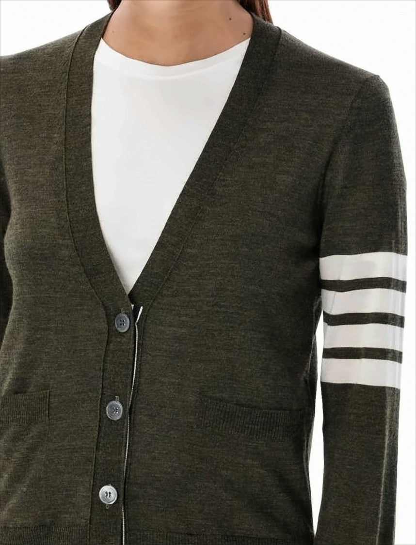 Thom Browne V-Neck Wool Cardigan With Sporty Stripe Detail