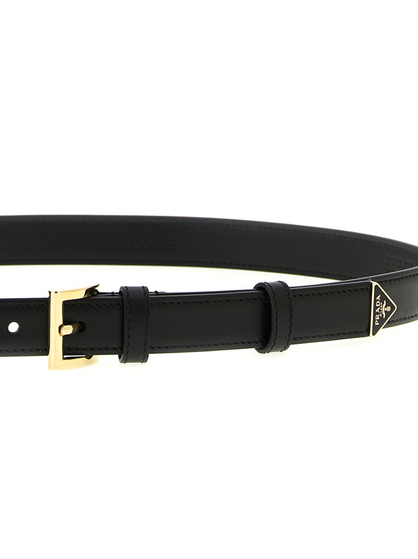 Prada Sleek Black Leather Belt With Gold Toned Buckle