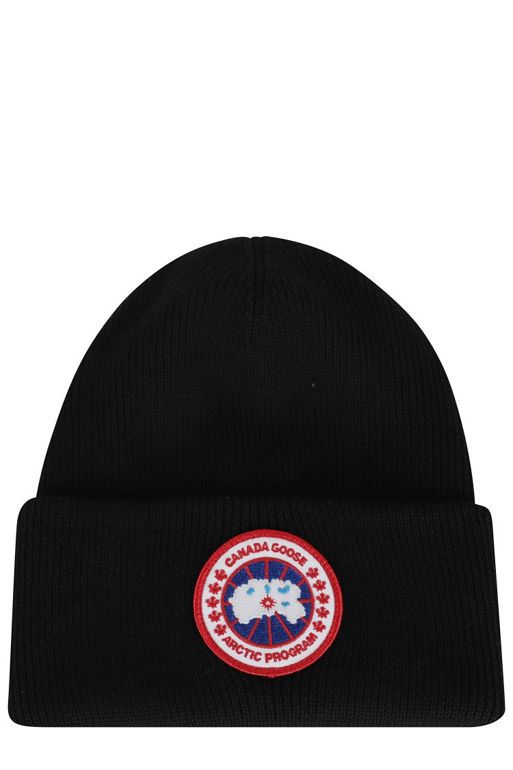 Canada Goose Ribbed Black Merino Wool Toque With Contrast Emblem