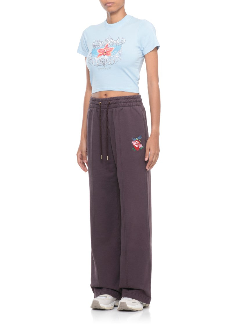 Casablanca Light Blue Cropped Cotton T-Shirt With Floral Graphic Print