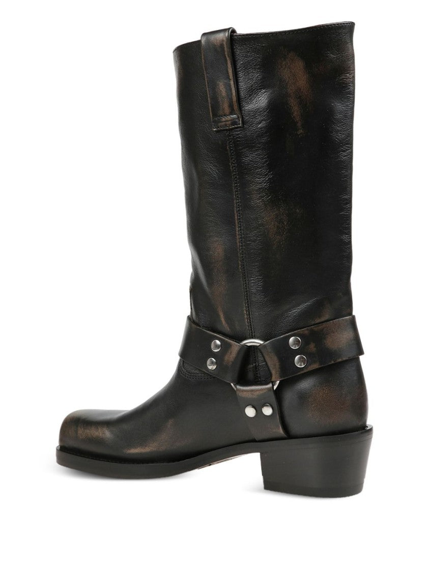 Paris Texas Black Distressed Decorative-Strap Silk-Nylon Boots