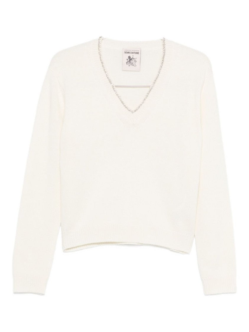 Semi Couture Chain Detail V-Neck Knit Sweater In Soft White