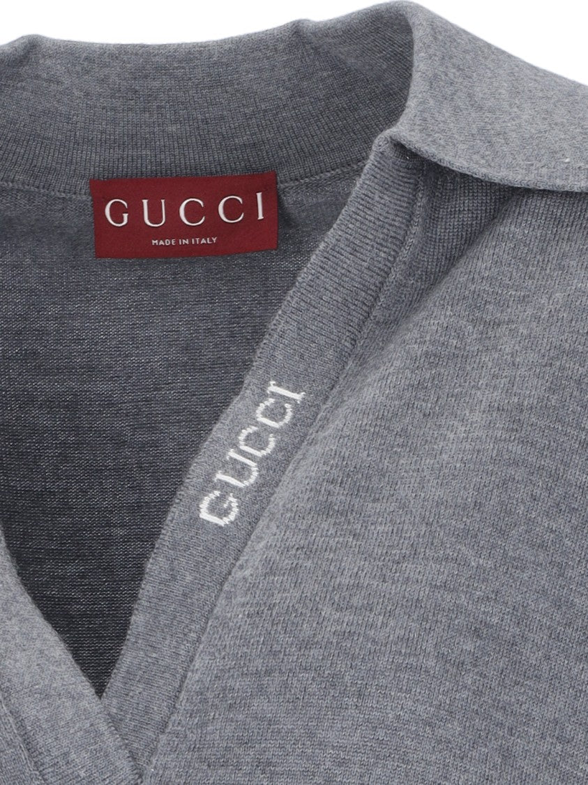 Gucci Deep V-Neck Knit Polo With Intarsia Logo Detail