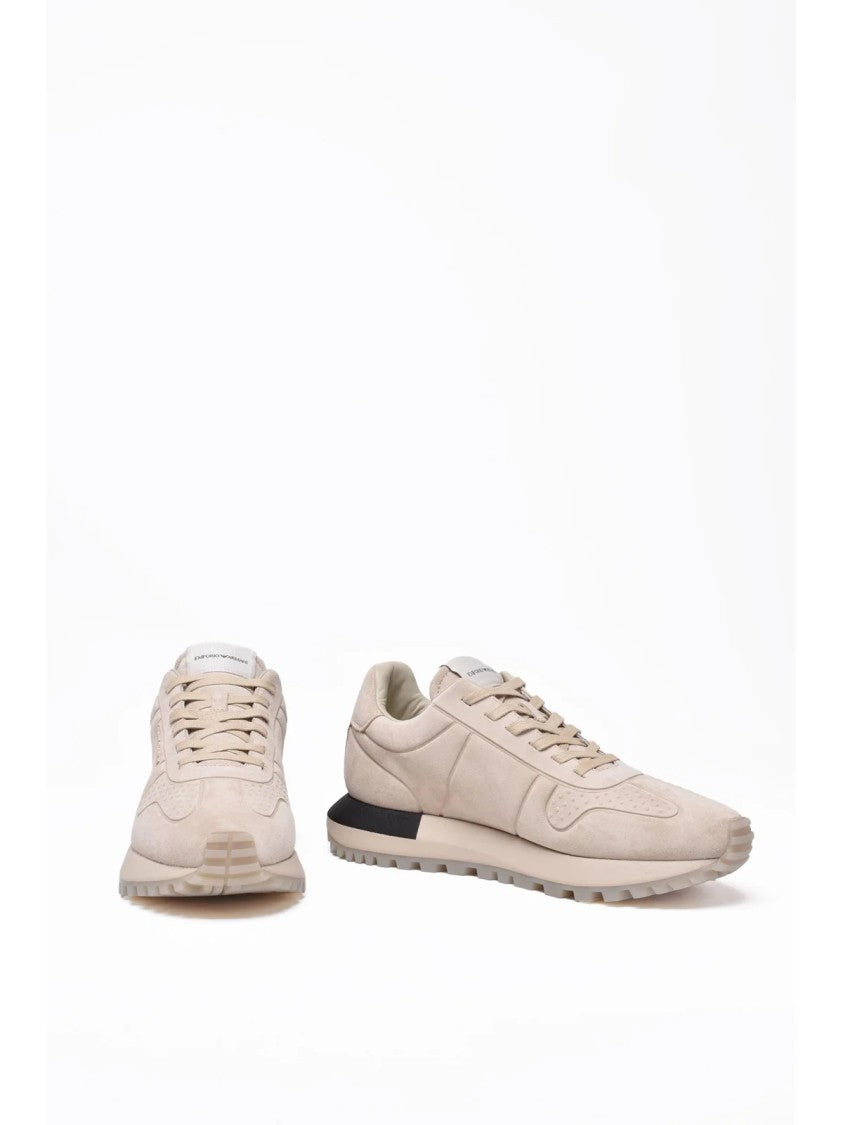Emporio Armani Beige Leather Contrast-Heel Sneakers
