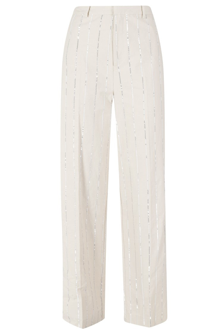 Isabelle Blanche Ecru Sequins-Striped Zippered Cotton Wide-Leg Pants