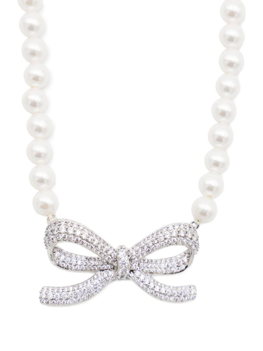Self-Portrait Faux Pearl Necklace With Silver Bow