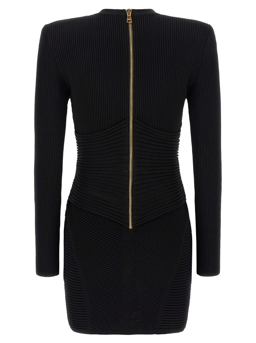 Balmain Deep V-Neck Bodycon Dress With Decorative Gold Tone Buttons