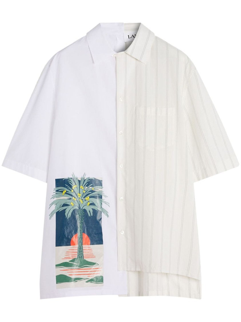 Lanvin White Pinstripe Graphic Asymmetric Hem Shirt