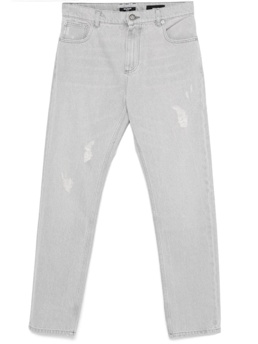 Balmain Light Grey Distressed Denim Trousers