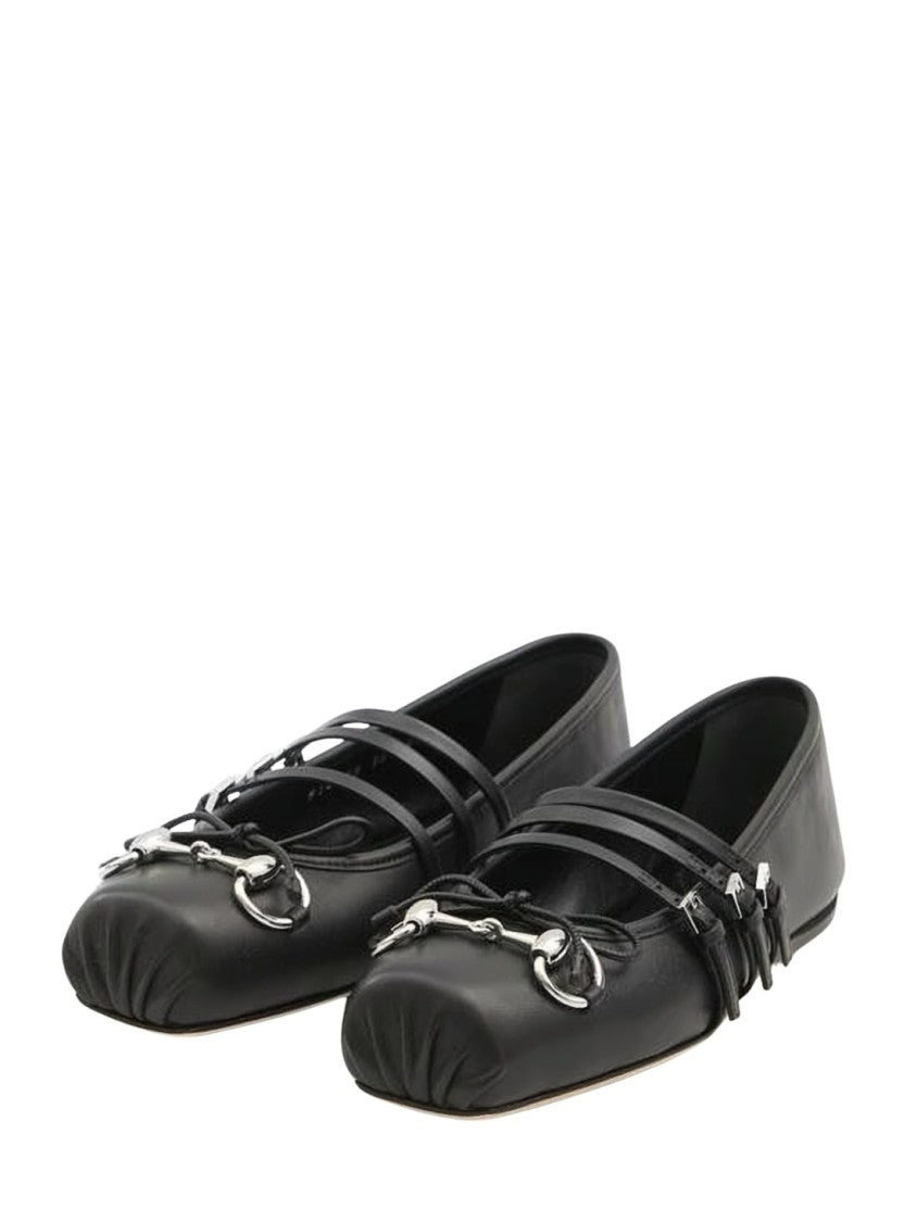 Gucci Black Leather Ballet Flats With Square Toe