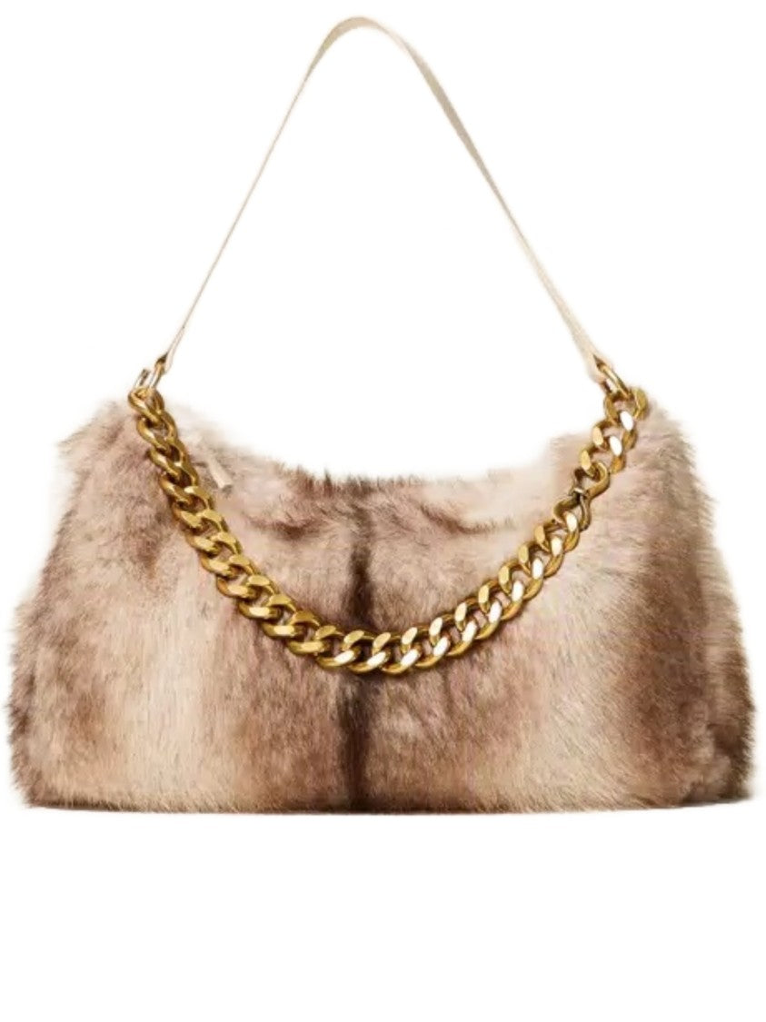 Twin-Set Faux Fur Handbag With Gold-Tone Chain Detail