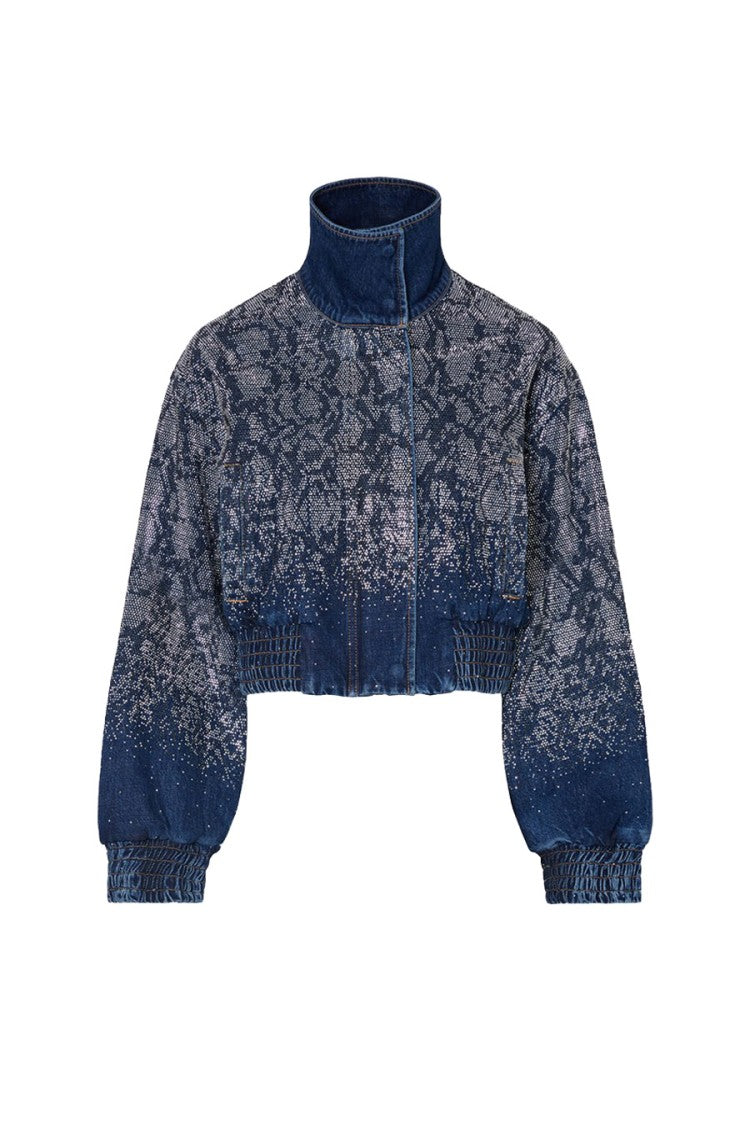 Liu Jo X Capsule 1 Elodie Dark Blue Snake-Print Cropped Denim Bomber Jacket