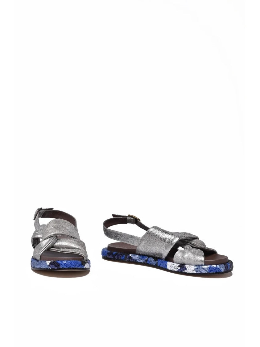 Collection Privee? Beige/Blue Sequined Ankle-Strap Leather Sandals