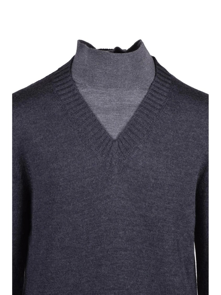 Alpha Studio Layered Grey Merino Wool Turtleneck Sweater