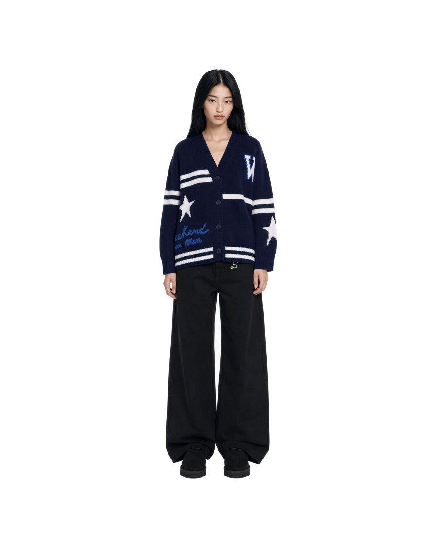 Max Mara Navy Blue Intarsia Star Stripe V-Neck Wool Sweater