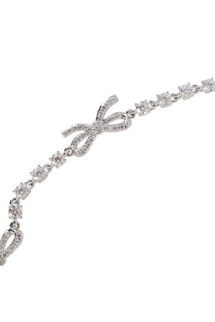 Self-Portrait Silver Crystal Bow Hook-Closure Brass Necklace