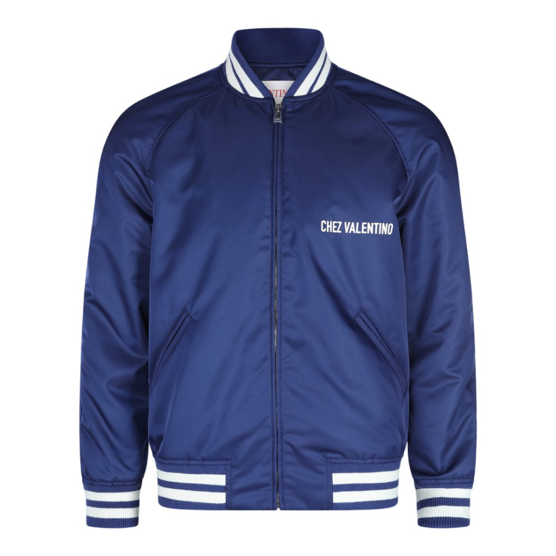 Valentino Sporty Deep Blue Jacket With Varsity Stripes And Graphic Design