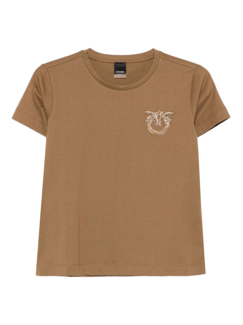Pinko Cropped Brown Cotton T-Shirt With Decorative Emblem
