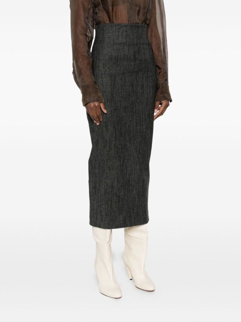 Alberta Ferretti Textured Black Wool Blend Midi Skirt