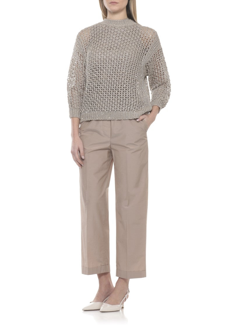 Panicale Beige Perforated Sequin Cotton Sweater