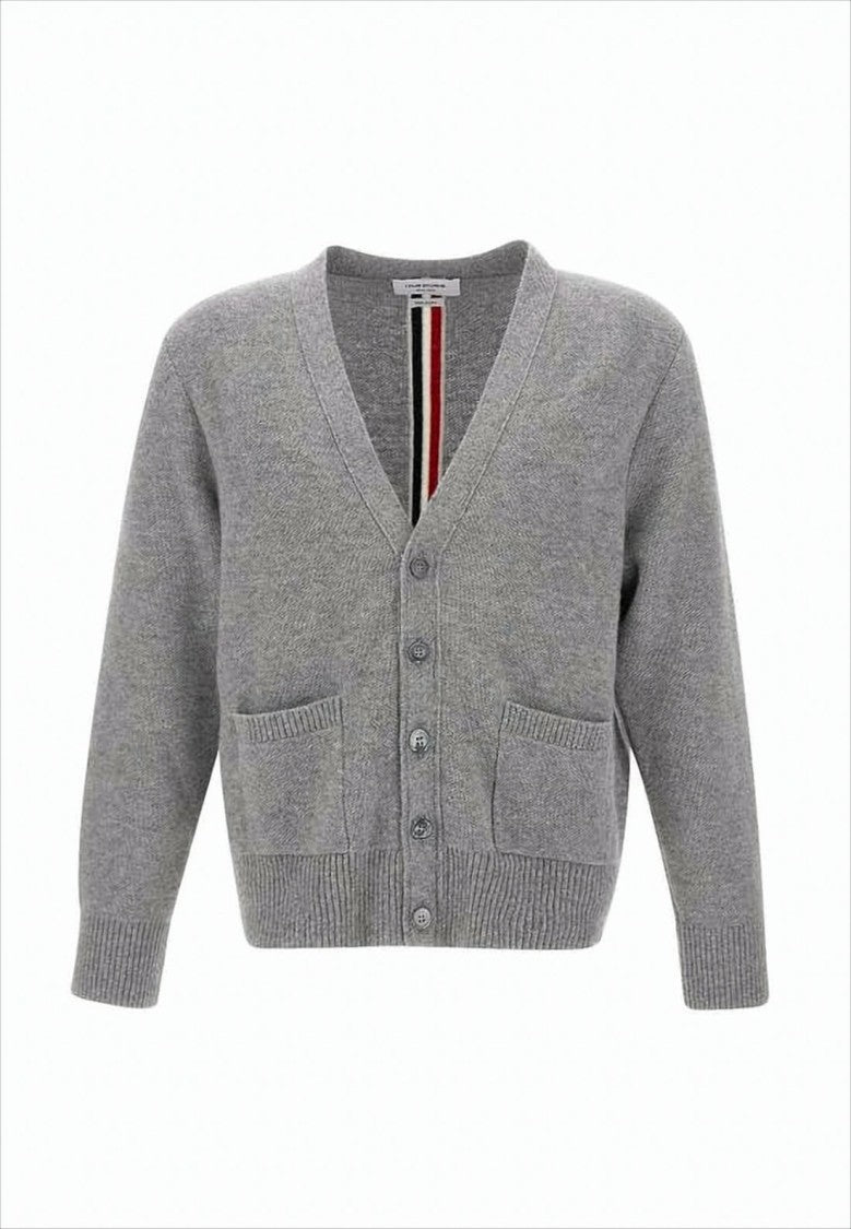 Thom Browne V-Neck Grey Wool Cardigan With Distinctive Stripe Detail