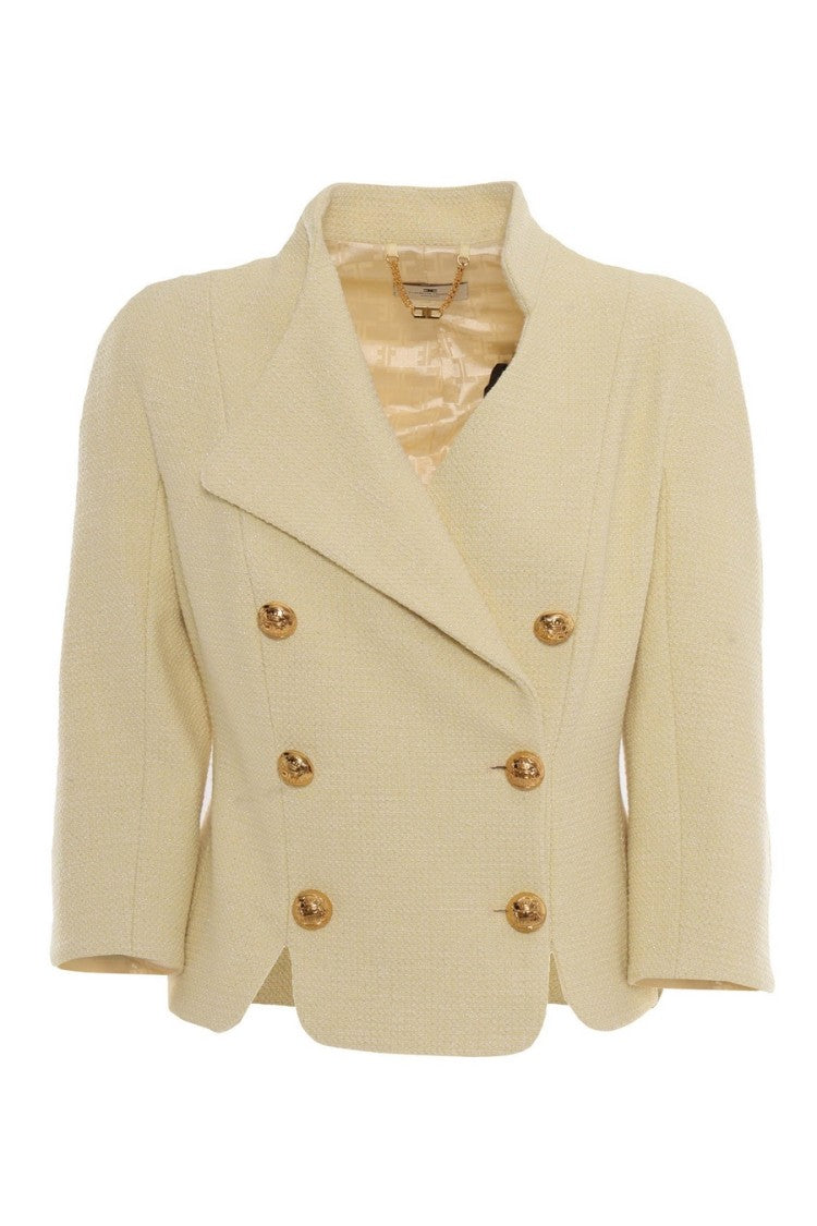 Elisabetta Franchi Yellow Double-Breasted Lurex Tweed Cotton-Blend Blazer