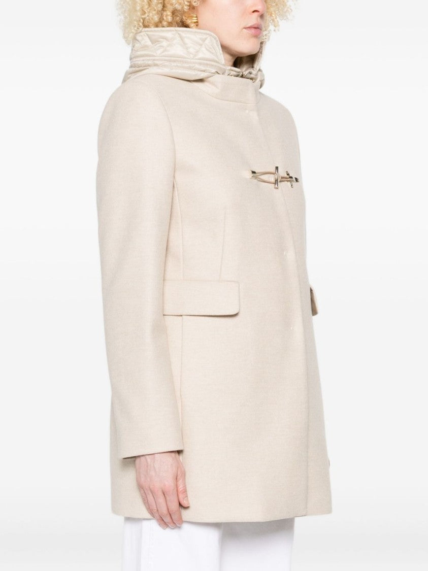 Fay Neutral Beige Long Coat With High Collar And Toggle Closure