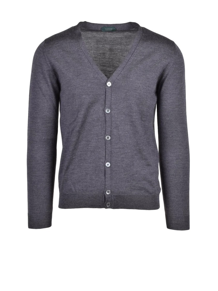 Zanone Grey V-Neck Button Front Virgin Wool Cardigan