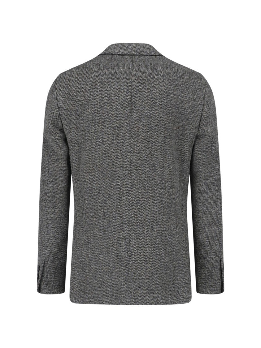 Lardini Grey Wool-Blend Herringbone Single Breasted Blazer