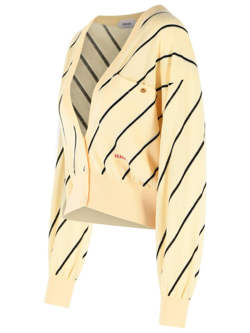 Versace Cropped Cream Wool Cardigan With Contrast Striped Pattern