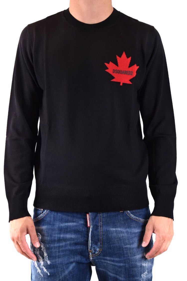 Dsquared2 Wool Crew Neck Knitwear With Red Maple Leaf Emblem