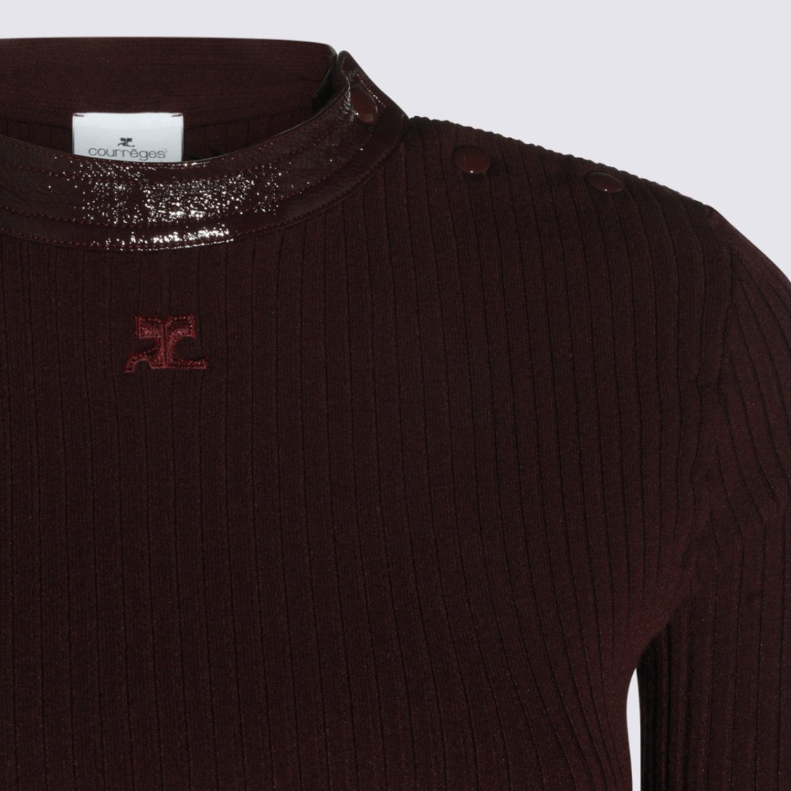 Courrèges Ribbed High Neck Sweater With Glossy Finish And Button Detail