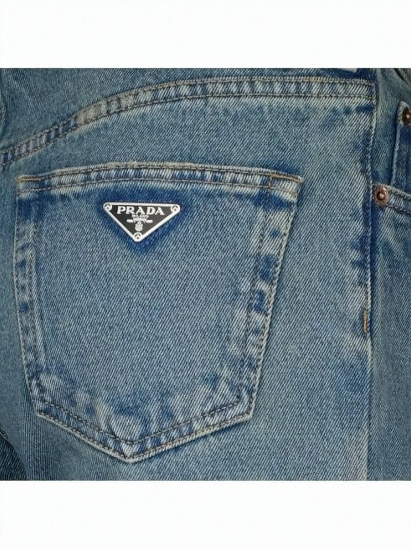 Prada Straight-Leg Denim Pants With Triangular Logo Patch