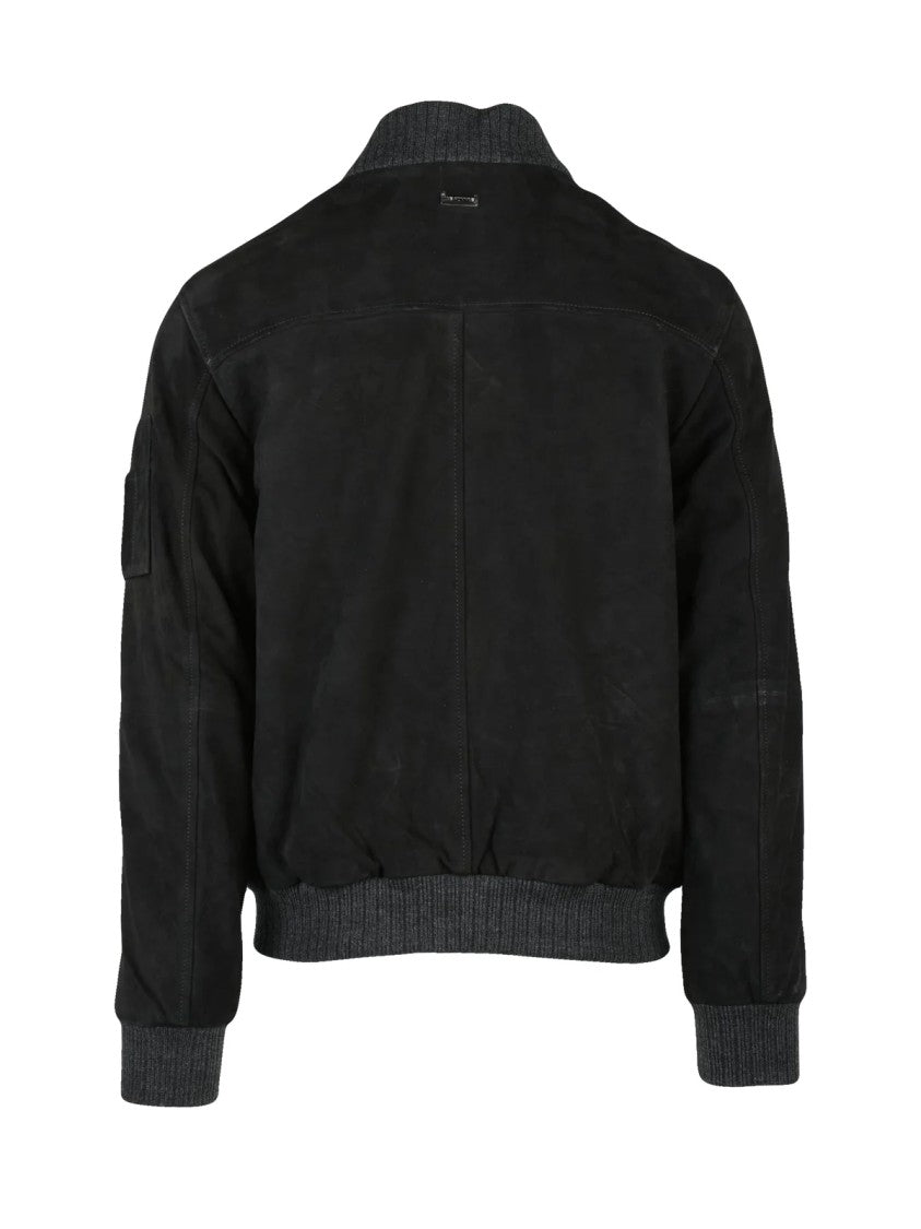 Les Hommes Black Goat Suede Bomber Jacket With Iconic Design Elements