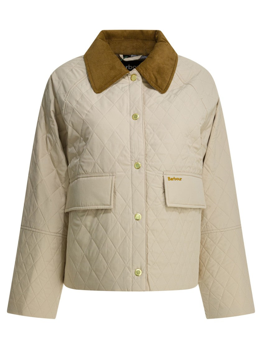 Barbour Beige Quilted Jacket With Corduroy Collar And Diamond Pattern