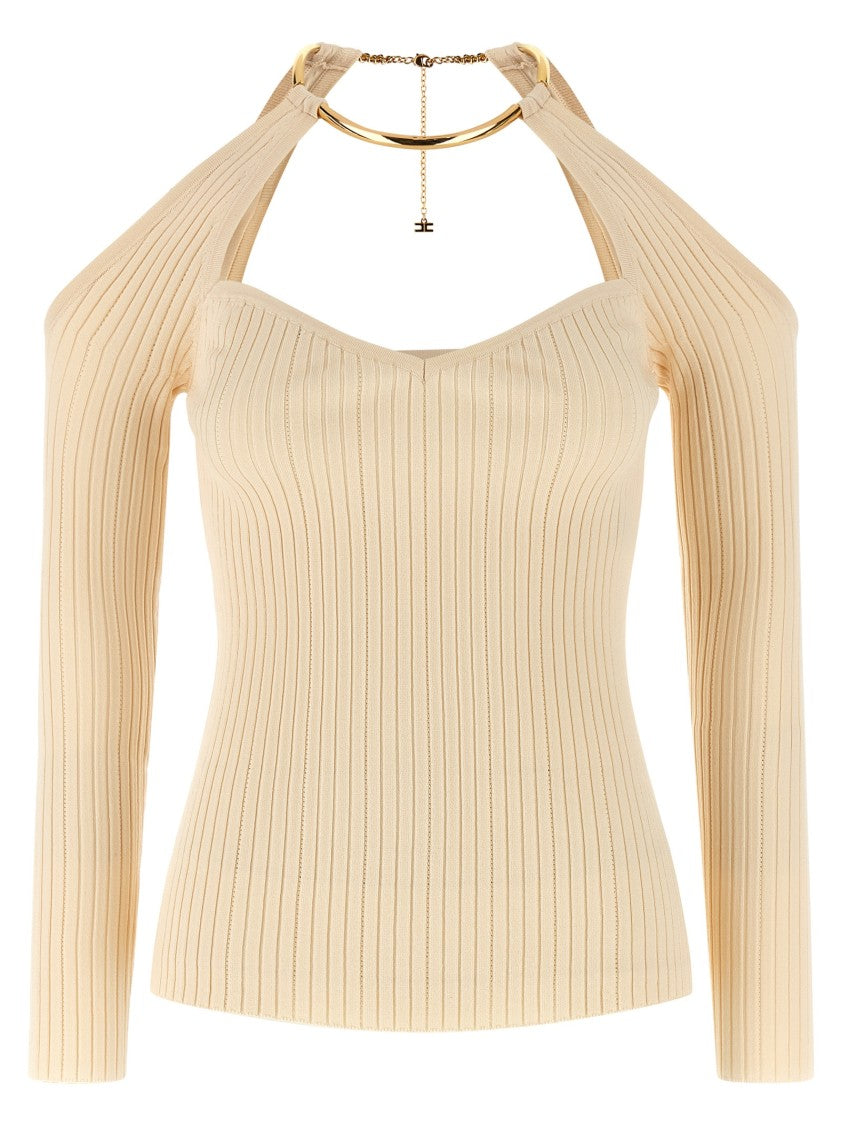 Elisabetta Franchi Ribbed Off-The-Shoulder Sweater With Metal Necklace