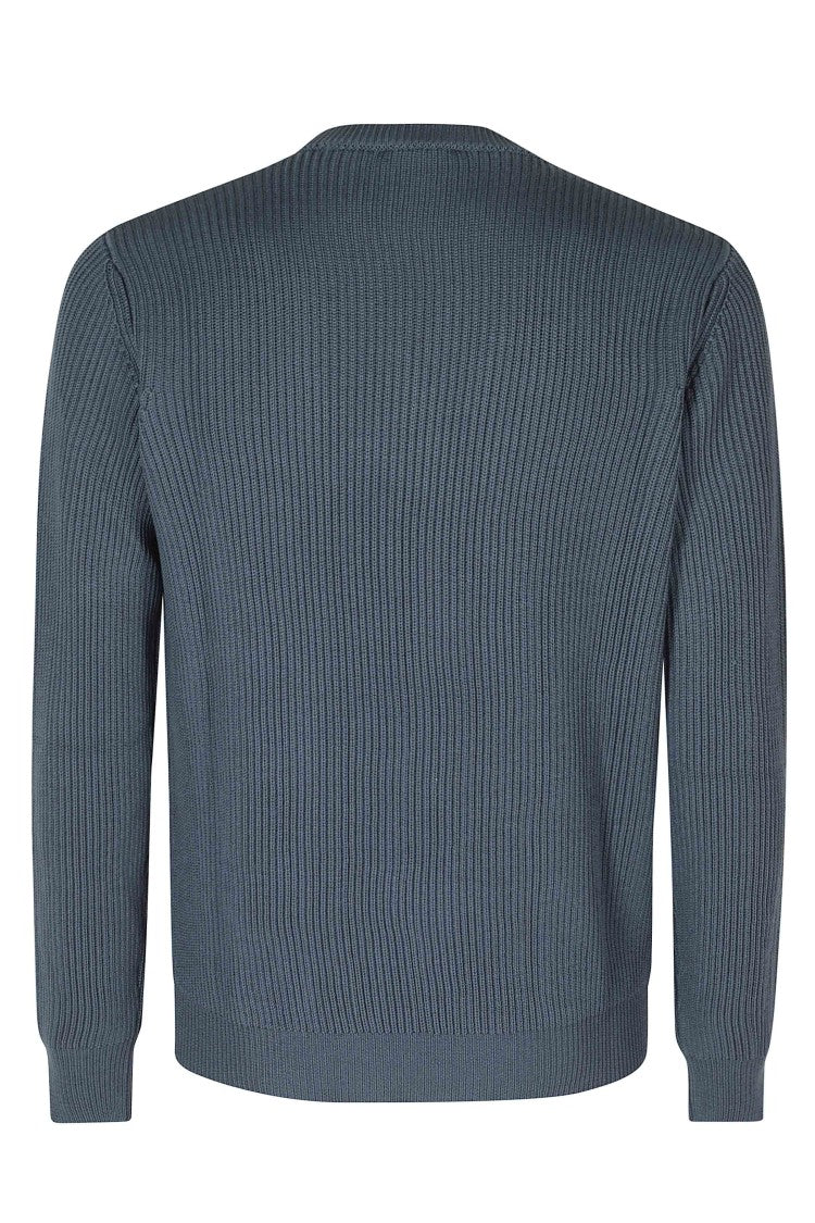 Roberto Collina Blue Ribbed Crew-Neck Merino Wool Sweater