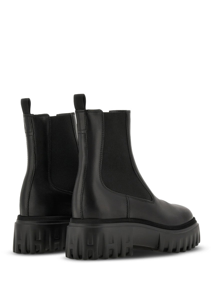Hogan Black Smooth Calfskin Chunky Sole Chelsea Boots