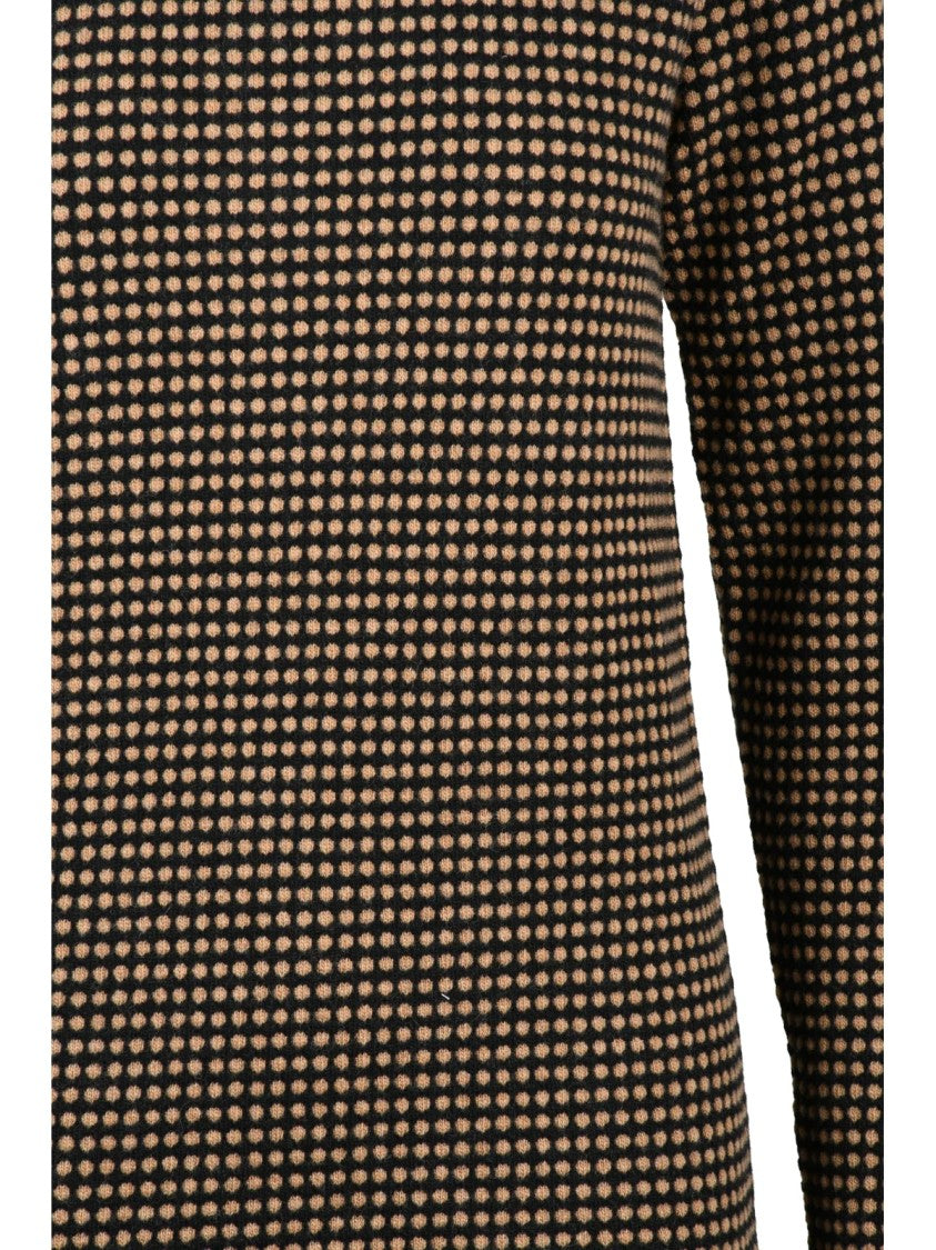 Kangra High Neck Knit Dress With Checkered Pattern And Side Slits
