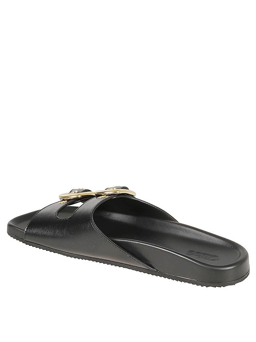 Chloé Contoured Black Leather Sandals With Gold-Tone Buckles