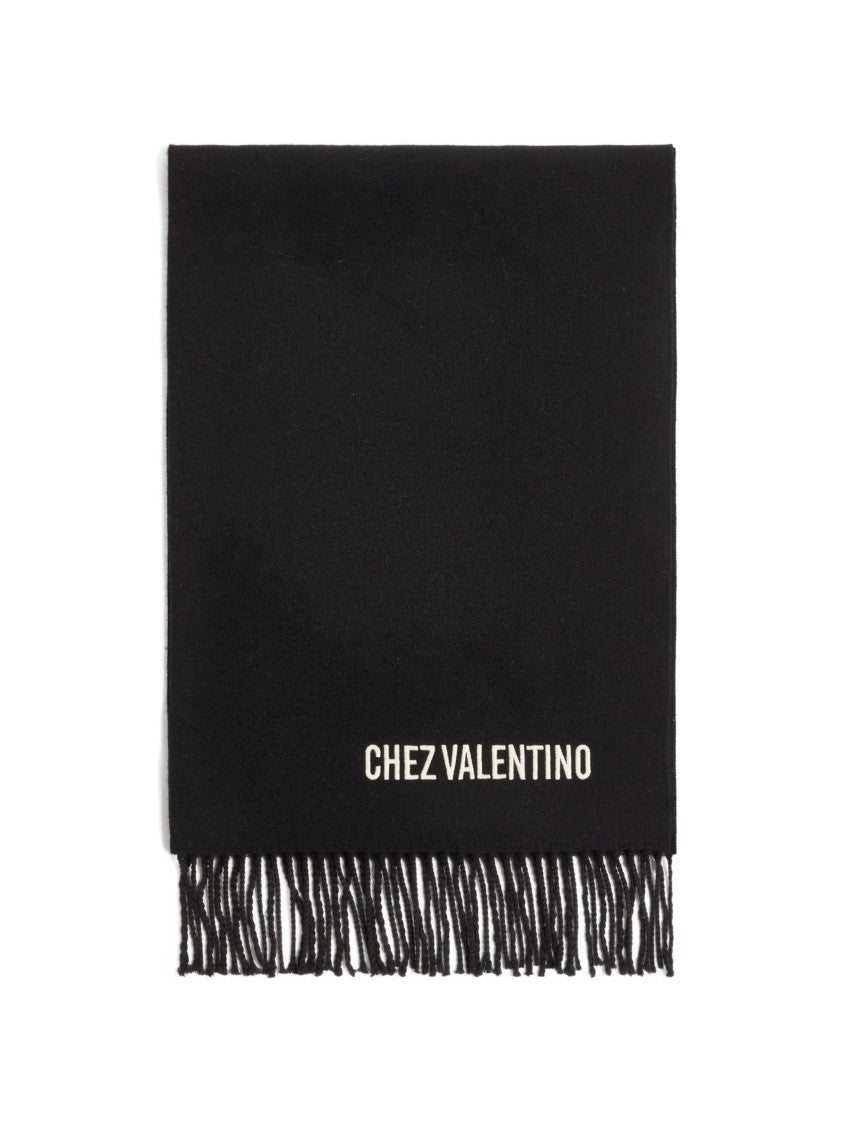 Valentino Fringed Black Wool Scarf With Minimalist Embroidery
